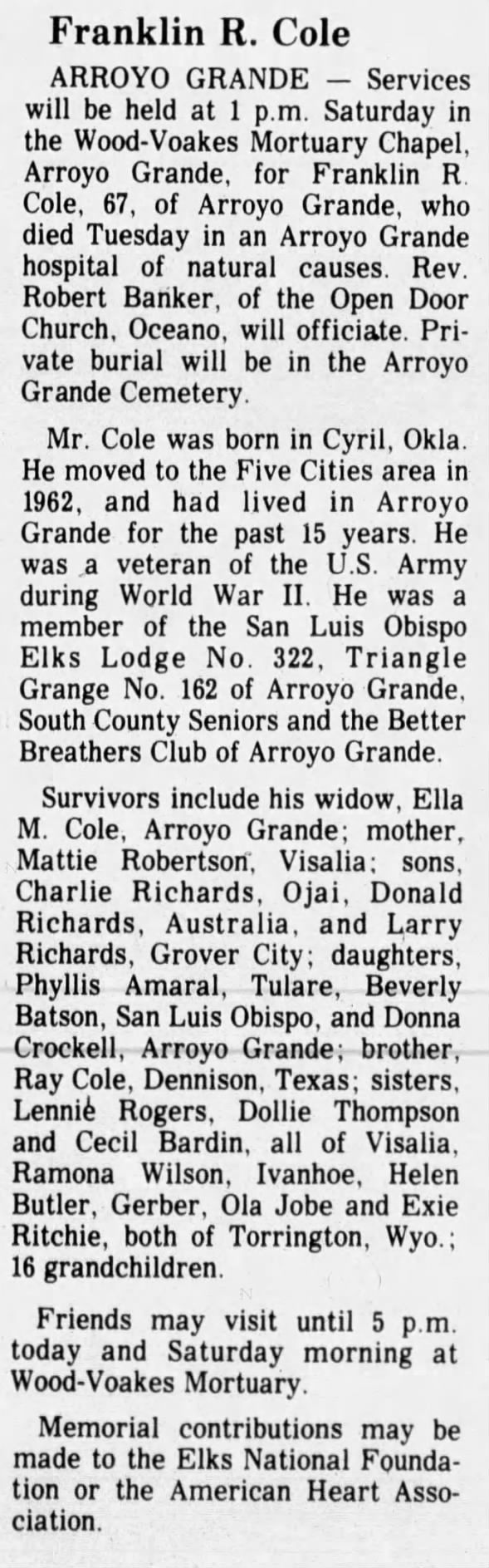 Obituary for Franklin R. Cole (Aged 67)